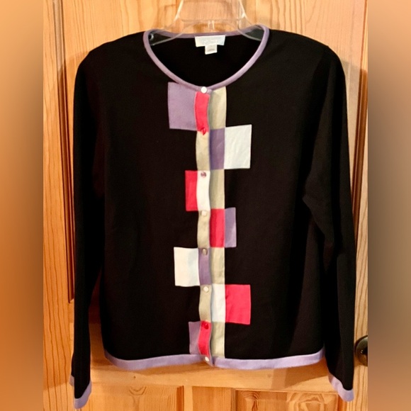 Christopher & Banks Black Cardigan w/Colorful Blocks Buttons SZ L Teacher Modest - Picture 4 of 17